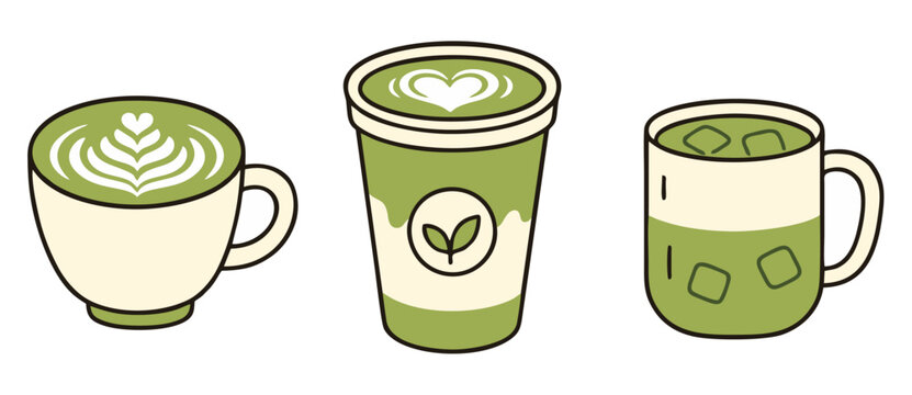 Matcha Latte Vector Set Flat Design Minimal Japanese Green Tea Drink Illustration