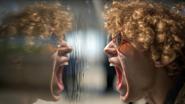 Close up of young man screaming at his reflection in a glass window, expressing deep frustration and inner turmoil. Mental health awareness concept.