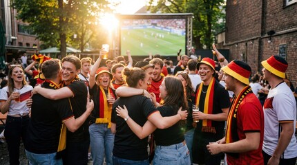 Fototapeta premium Cheerful german football soccer fans celebrating victory at outdoor public viewing event with beer