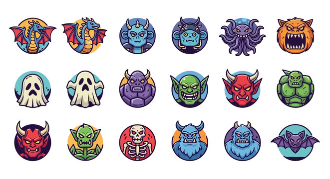 Collection of various cartoon monster faces.
