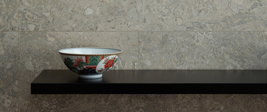 Authentic Imari Rice Bowl on Sleek Black Shelf Soft Focus Background, Minimalist Style