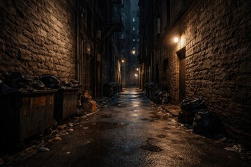 Obraz premium Urban back alley lit to reveal textured stone walls and concrete floors