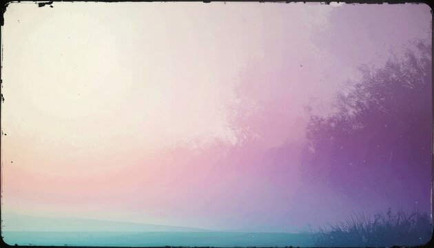 C&eacute;u gradiente abstrato com tons past&eacute;is e vibrantes, emoldurado por um efeito de filme vintage e textura granulada, evocando tranquilidade e nostalgia.