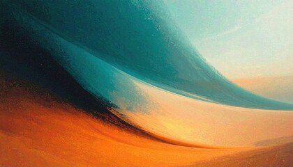 Naklejka premium Pintura abstrata de ondas e dunas em tons vibrantes de azul-petróleo e laranja queimado, com textura fluida e orgânica.