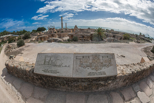 Carthage, Tunisia - October 27, 2025: Interior to the Baths of Antoninus (Thermes d'Antonin), archaeological site. The largest Roman bath complex built in Africa, dating to the mid-2nd century AD.