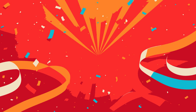 Fundo vibrante com confetes coloridos, fitas e raios de sol em tons de vermelho e laranja, evocando celebra&ccedil;&atilde;o.