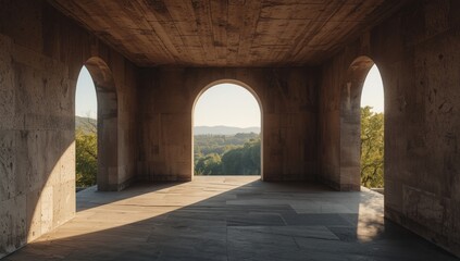 Fototapeta premium Architectural Chamber with Arched Openings Overlooking Lush Natural Landscape, Soft Morning Light