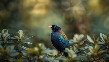 Fototapeta premium Adult Blue winged Pitta showing off bright feathers against soft foliage