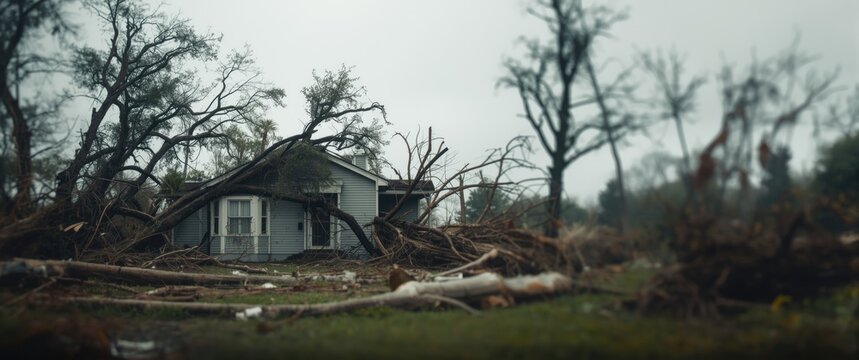 Building impaired by tropical cyclone with a fallen tree lying over the roof