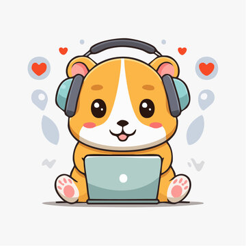 Cute Corgi Dog Wearing Headphones and Using Laptop