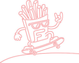 Creative hand drawn french fries mascot riding a skateboard in continuous line art style. Playful fast food character vector illustration suitable for restaurant branding, street food packaging, stick © sayed