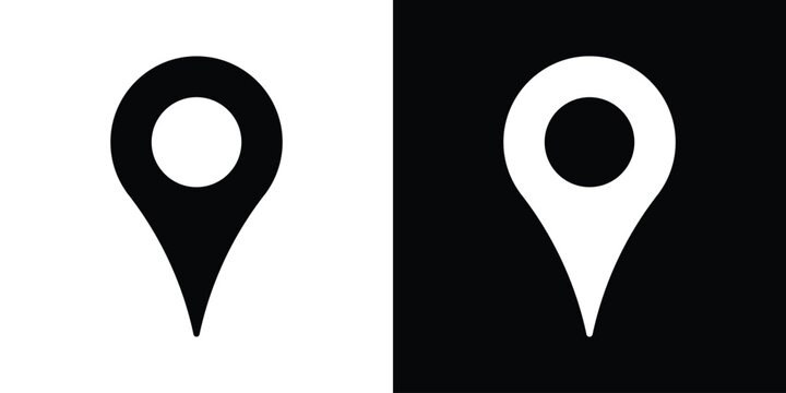 Classic map pointer pinpoint vector icon. Solid black and white minimal navigation markers for digital maps, travel apps, tracking, and location placement.