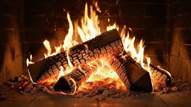 Warm fireplace in high definition concept. Cozy burning fireplace with glowing firewood and warm flames for a relaxing home atmosphere
