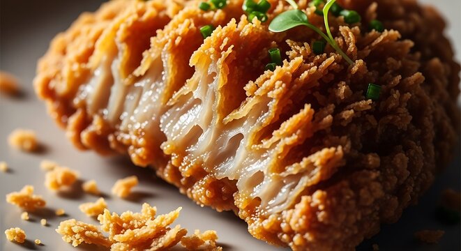 Crispy fried chicken cutlet showing juicy interior texture on a plate