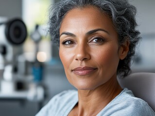 Fototapeta premium Serious mixed race woman in medical office during daytime