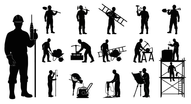 Silhouette of construction workers with tools and equipment