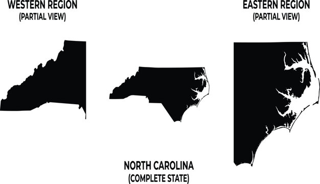 Black silhouette map vectors of North Carolina showing complete state shape along with western and eastern region partial views