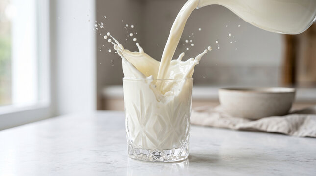 Refreshing glass of cold milk being poured with a splash, creating ripples on the surface of the drink