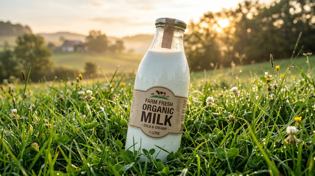 Bottle of fresh organic milk stands upright in lush green grass field during a beautiful morning sunrise, symbolizing natural purity and wholesome farm produce for a healthy lifestyle