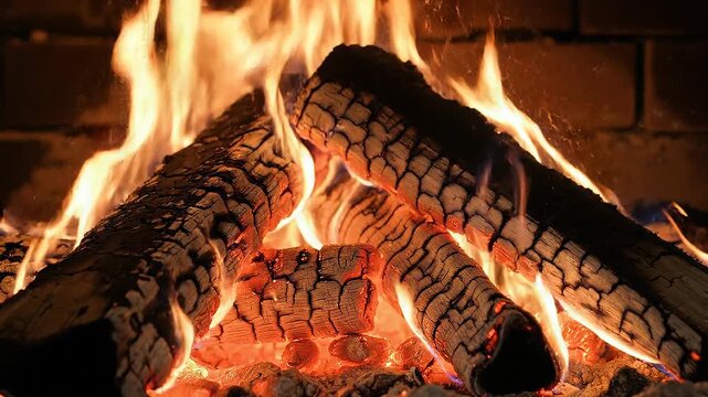 Warm fireplace in high definition concept. Close up of burning firewood with glowing embers and bright orange flames for cozy warmth and energy