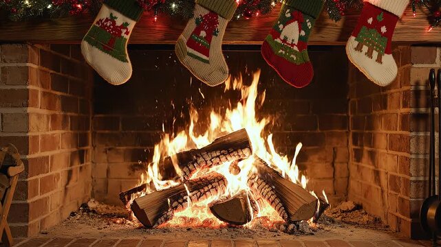 Warm fireplace in high definition concept. Cozy Christmas fireplace with burning logs and festive holiday stockings hanging on mantel