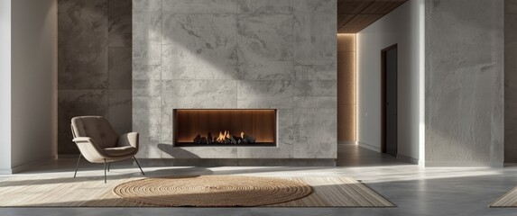 Fototapeta premium Chic modern room furnishing with a statement chair and a sculptural fireplace frame plus wicker rugs adding texture to a gray stone wall