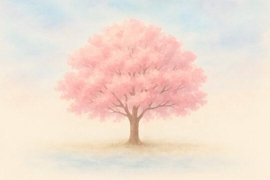 A single blooming watercolor cherry blossom tree under a soft pastel sky. generated by AI.