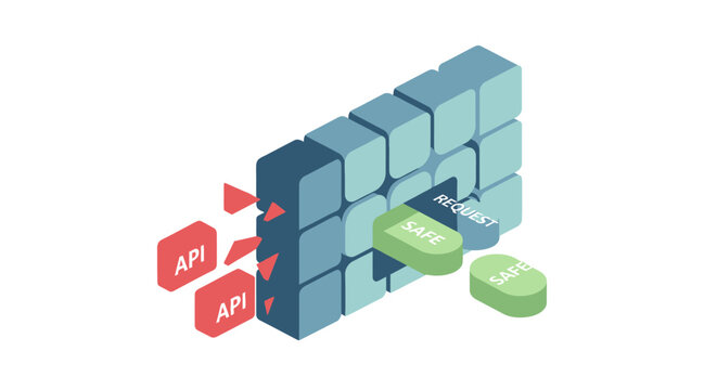 Isometric API Security Gateway and Firewall Concept. Cybersecurity Illustration of Blocking Malicious Requests and Allowing Safe Traffic Through a Secure Wall.