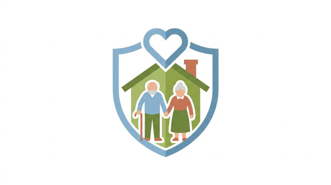 Elderly Couple Protected by Shield with Heart and House Icon.