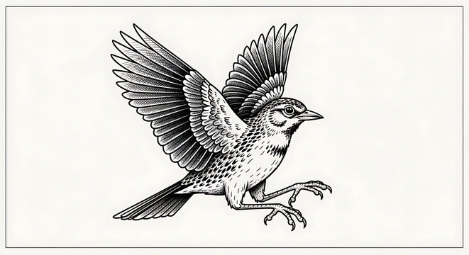 Black and white flying lark tattoo flash isolated on a transparent