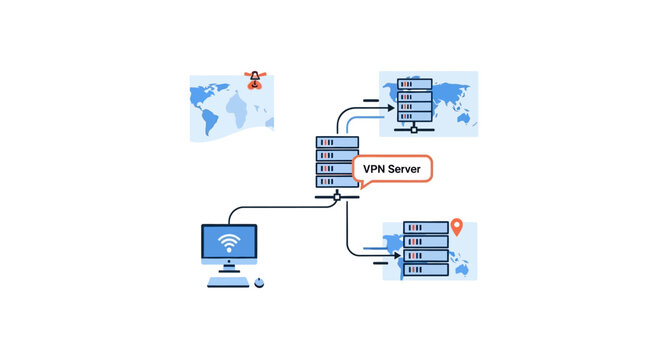 VPN Server Infographic Illustration Showing Secure Global Network Connections, Online Privacy Protection, Data Routing, and Virtual Private Network Technology Concept