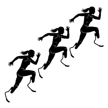 Silhouette of a female paralympic athlete running with prosthetic blades.