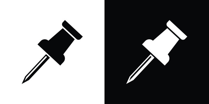 Angled push pin or thumbtack vector icon. Minimalist black and white diagonal office pin graphic for corkboard notices, mapping, and project management UI elements.