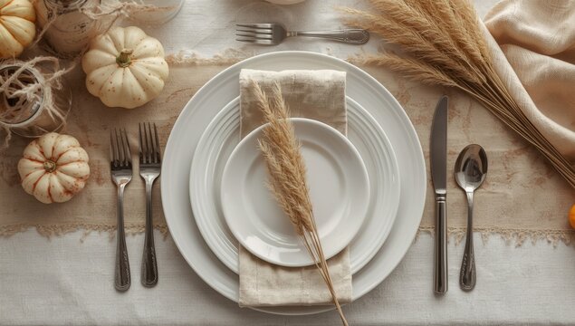 Autumn Table Setting Flat Lay White Dishes and Silver Cutlery, Neutral Tones