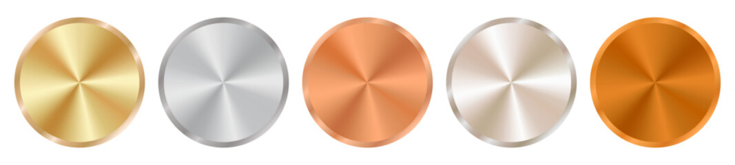 Radial metallic gradients in silver,gold,bronze,copper and aluminum with a polished chrome effect,holographic steel texture and a round glossy plate surface. A foil vector background for modern design © Hanna