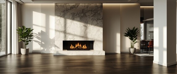 Fototapeta premium Chic open plan living space merging lounge dining and kitchen highlighted by marble fireplace