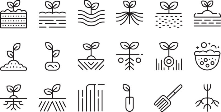 Vector Illustration Collection of plant growth and agriculture line icons showing roots soil and seedlings for sustainable farming projects.