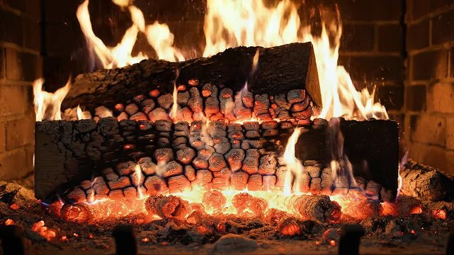 Warm fireplace in high definition concept. Cozy glowing fireplace with burning logs and warm flames in a rustic brick hearth