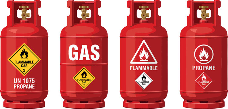 Set of realistic red propane gas cylinder vectors with flammable warning signs, industrial fuel tanks for cooking, heating, and energy storage isolated on white.