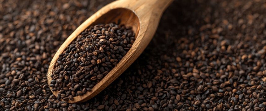 Black Cumin Seeds in Wooden Scoop Close-Up Against Dark Background, Natural Texture