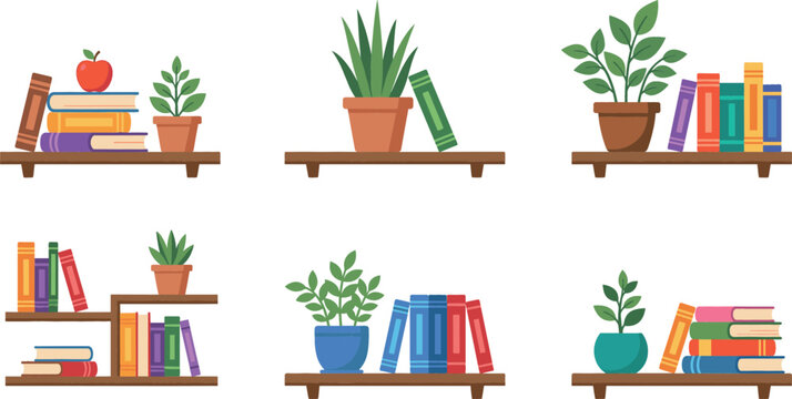Flat vector collection of wooden bookshelves featuring colorful book stacks, potted indoor plants, and decorative apples isolated on a white background for home library decor.