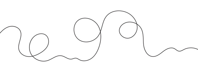 Hand drawn continuous line squiggle with long wavy cable curves. Minimal horizontal doodle outline with tangled rope swirls. © Darina