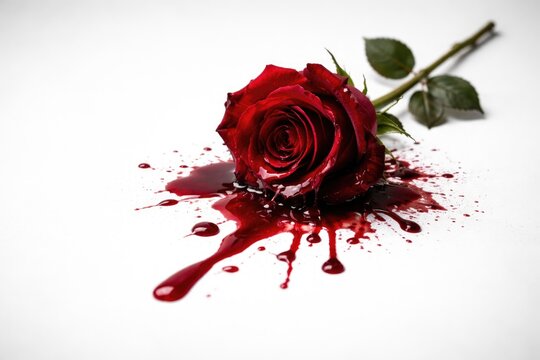 White backdrop featuring a red rose bleeding to represent heartbreak with copy space