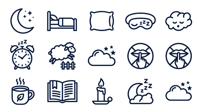 A minimalist vector graphic illustration of sleep and relaxation icons on transparent background