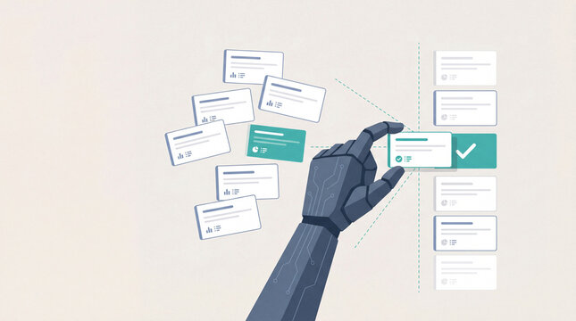Robotic hand interacting with digital interface cards sorting data futuristic technology concept