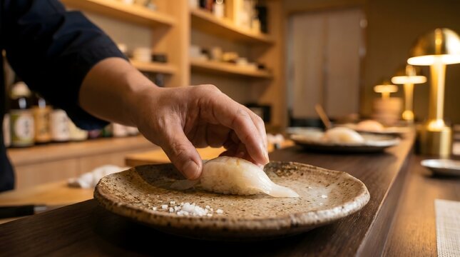 Japanese chef preparing engawa sushi, Fresh fluke fin nigiri on plate, High end sushi restaurant dining
