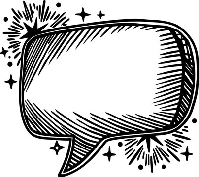 Vintage comic speech bubble with starburst and sparkle accents in black and white