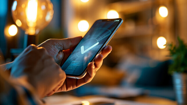 Close up of a hand holding a bright smartphone displaying a secure mobile payment confirmation screen the screen glowing in the warm ambient light a soft checkmark icon visible