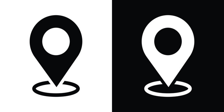 Map pin locator icon with oval base ring. Set of black and white minimalist web icons for navigation, travel mapping, and geographic position pointer design.