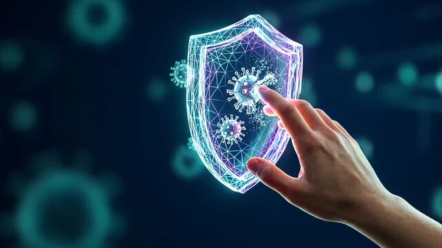 A human hand touching a glowing digital shield blocking virus particles for covid 19 awareness protection technology